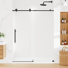 Load image into Gallery viewer, MORDEER 56-60" W x 75" H Frameless Shower Door, Black Shower Door with 1/4" (6mm) Clear SGCC Certified Tempered Glass, Glass Shower Door With Explosion-Proof Film, Stainless Steel Circular Top Rail