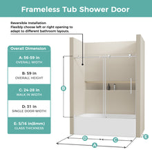 Load image into Gallery viewer, Frameless Sliding Tub Door 56-59" W x 59" H, Bathtub Glass Shower Door with SGCC Clear Tempered Glass, Tub Shower Door with Stainless Steel Hardware, Installation for Bathroom