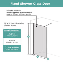 Load image into Gallery viewer, MORDEER 34" W x 72" H Fixed Glass Shower Panel, 5/16" SGCC Tempered Glass Shower Door, Semi-Frameless Shower Glass Panel with Stainless Steel Supporting Bar, Bathroom Shower Screen