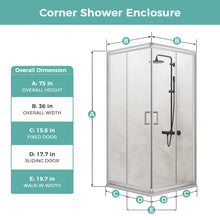 Load image into Gallery viewer, MORDEER 36"D x 36"W x 75" H Corner Sliding Shower Enclosure, SGCC Tempered Glass Shower Door with Explosion-Proof Film, Aluminum Framed Corner Shower Enclosure(Shower Base Not Included)