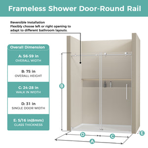 Frameless Glass Shower Door, Frameless Sliding Shower Door with Stainless Steel Handle & Anti-Jump System