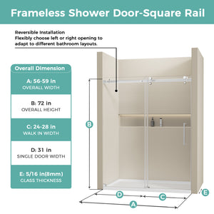 Sliding Shower Door with 5/16"(8mm) Ultra-Clear Tempered Glass, Frameless Shower Door with Seal Strips for Leak Protection