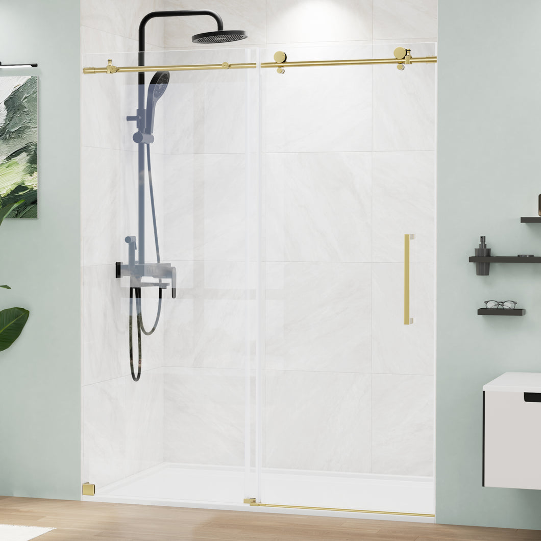 Frameless Glass Shower Door, Frameless Sliding Shower Door with Stainless Steel Handle & Anti-Jump System